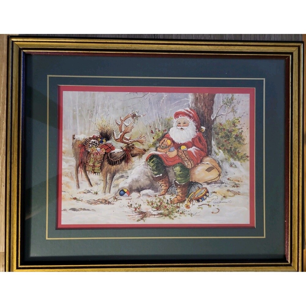 Vtg Home Interiors Peggy Abrams Santa Reindeer Framed Print Christmas 15.5x12.5